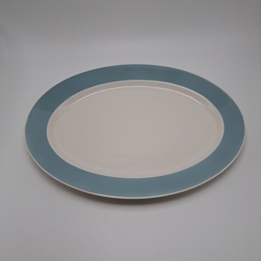 IKEA Large Oval Serving Platter Cream with Blue Rim Ceramic Elegant Tableware